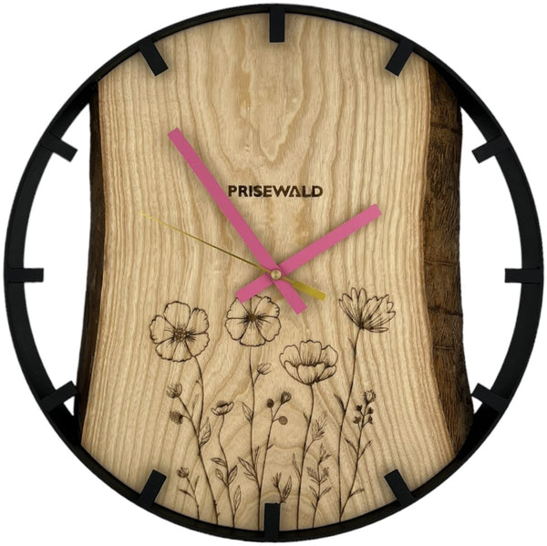Runde Wanduhr aus Eschenholz, 35 cm, schwarzer Rahmen, Teilstriche Ziffern, Blumen