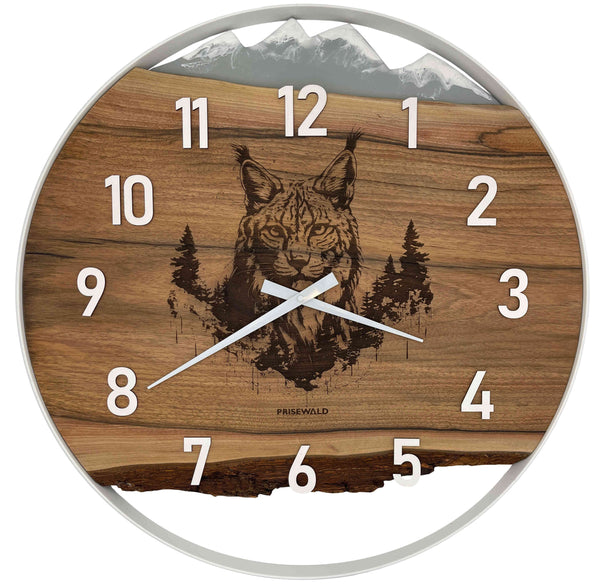 Runde Wanduhr aus Walnussholz, 70 cm, weisser Rahmen, arabische Ziffern, Graues Epoxidharz, Luchs