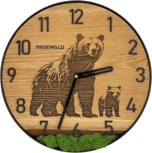 Runde Wanduhr aus Eichenholz, 35 cm, schwarzer Rahmen, arabische Ziffern, grünes Moos, Bären