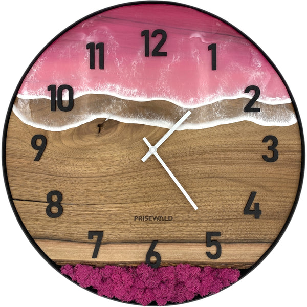 Runde Wanduhr aus Walnussholz, 50 cm, schwarzer Rahmen, arabische Ziffern, rosa Epoxidharz, rosa Moos