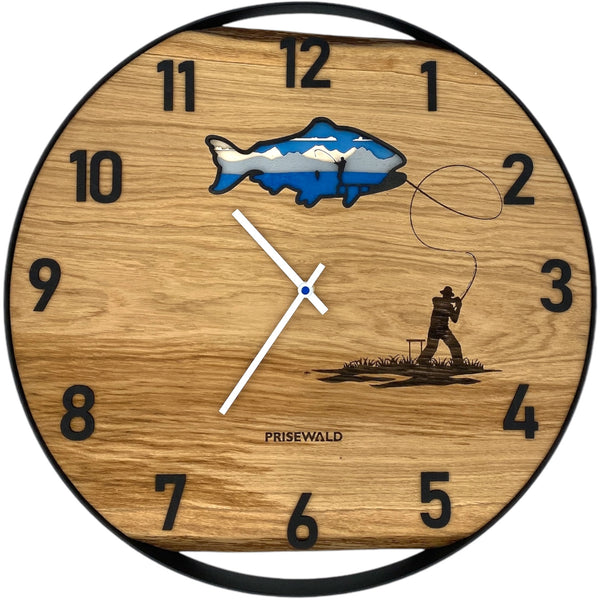 Runde Wanduhr aus Eichenholz, 50 cm, schwarzer Rahmen, arabische Ziffern, Fischer mit Fisch 3D