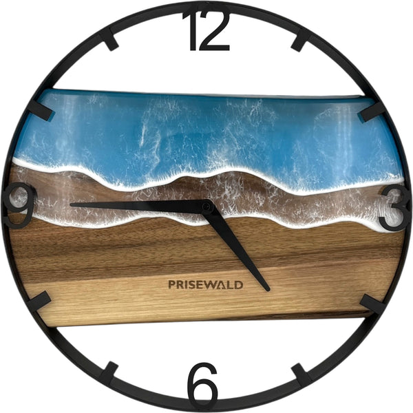 Runde Wanduhr aus Walnussholz, 35 cm, schwarzer Rahmen, arabische Ziffern, blaues Epoxidharz
