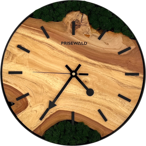 Runde Wanduhr aus Apfelholz, 35 cm, schwarzer Rahmen, Teilstriche Ziffern, grünes Moos