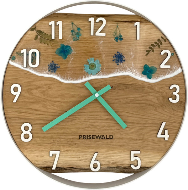 Runde Wanduhr aus Eichenholz, 35 cm, weisser Rahmen, arabische Ziffern, Durchsichtiges Epoxidharz, Blumen