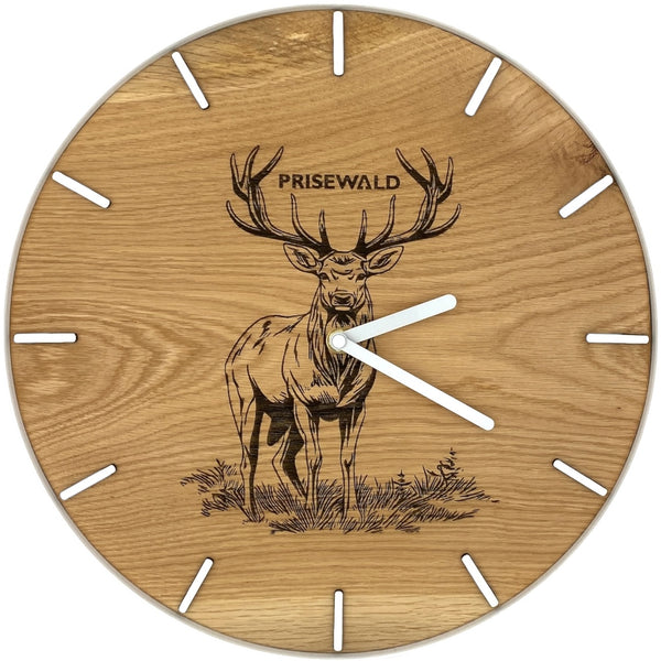 Runde Wanduhr aus Eichenholz, 35 cm, weisser Rahmen, Teilstriche Ziffern, Hirsch