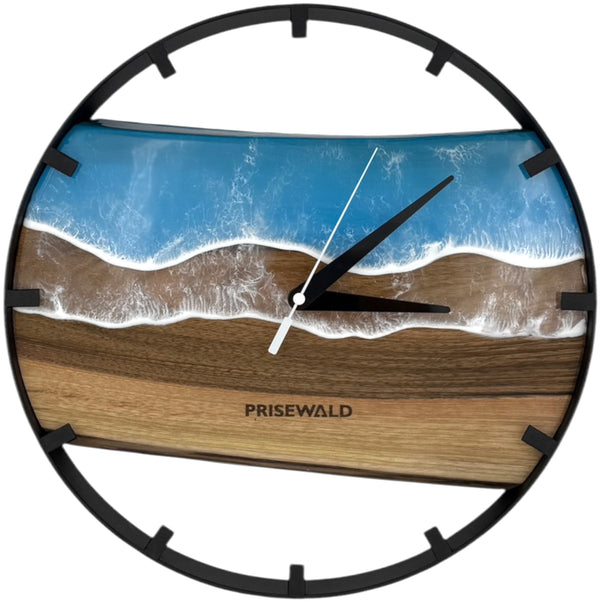 Runde Wanduhr aus Walnussholz, 35 cm, schwarzer Rahmen, teilstriche Ziffern, blaues Epoxidharz