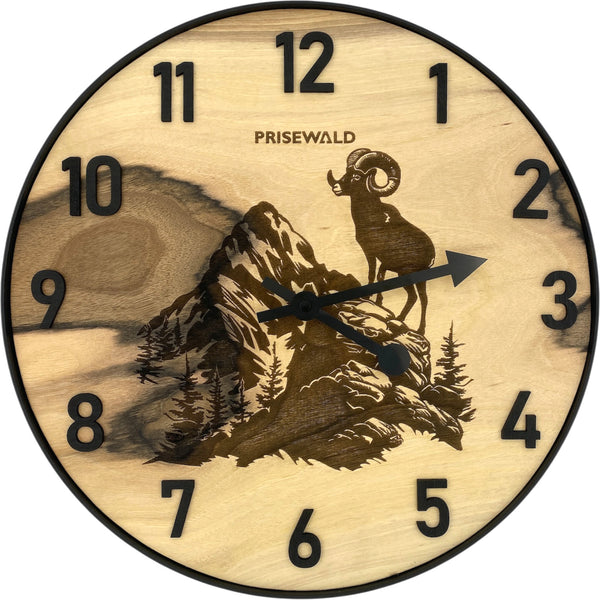 Runde Wanduhr aus Walnussholz, 35 cm, schwarzer Rahmen, arabische Ziffern, Der Widder auf dem Felsen