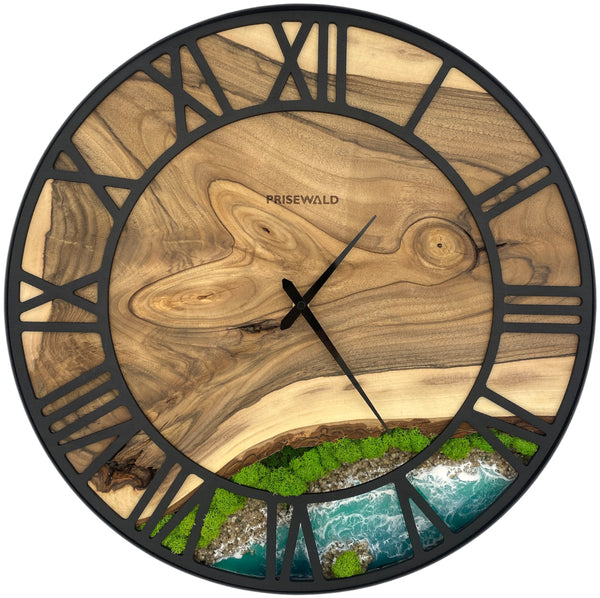 Runde Wanduhr aus Walnussholz, 50 cm, schwarzer Rahmen, römische Ziffern, türkises Epoxidharz, grünes Moos, Küste