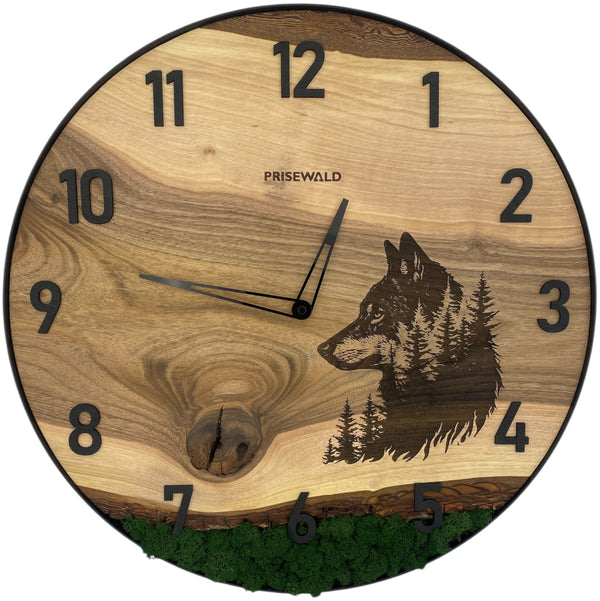 Runde Wanduhr aus Walnussholz, 50 cm, schwarzer Rahmen, arabische Ziffern, grünes Moos, Wolf im Wald