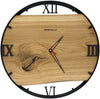 Runde Wanduhr aus Eichenholz, 50 cm, schwarzer Rahmen, römische Ziffern, schwarzes Epoxidharz, Kernholz