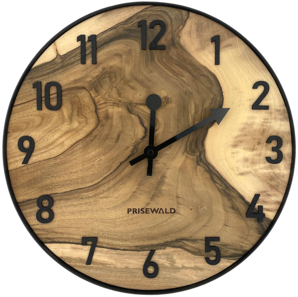 Runde Wanduhr aus Walnussholz, 35 cm, schwarzer Rahmen, arabische Ziffern