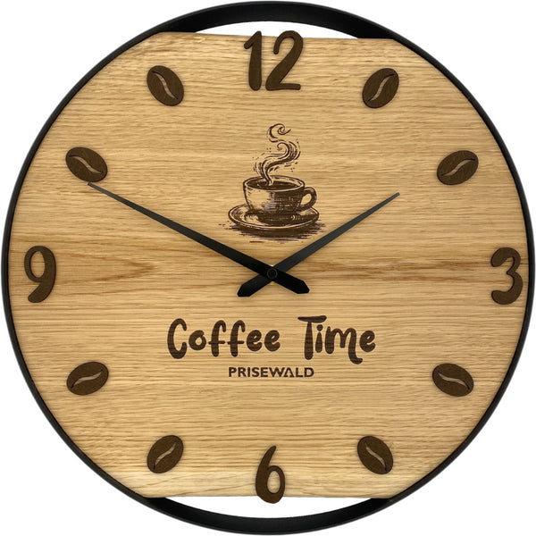 Runde Wanduhr aus Eichenholz, 35 cm, schwarzer Rahmen, Kaffeeziffern, Kaffeemotiv, Coffee Time