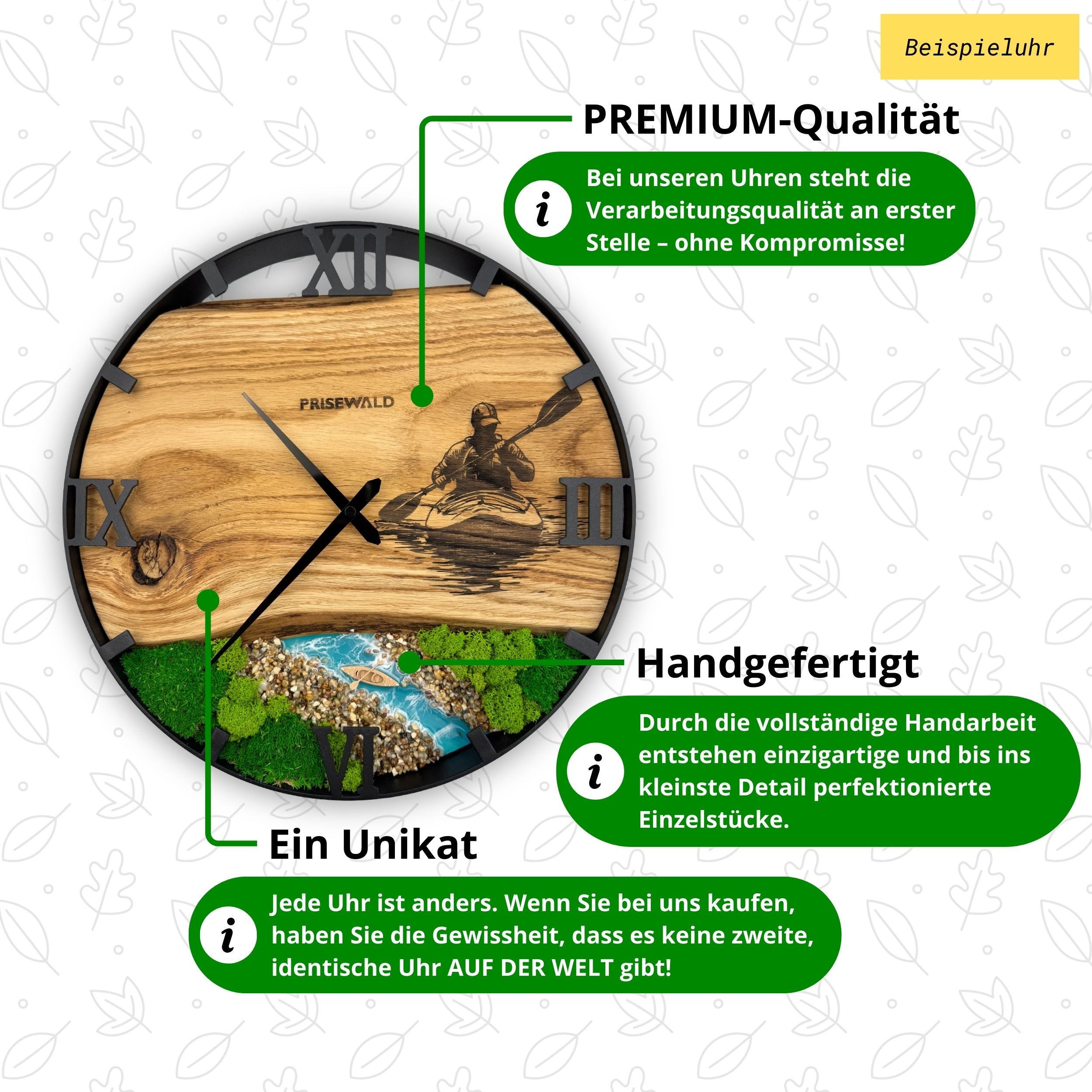 Runde Wanduhr aus Walnussholz, 35 cm, weisser Rahmen, arabische Ziffern, Pferd 🐎