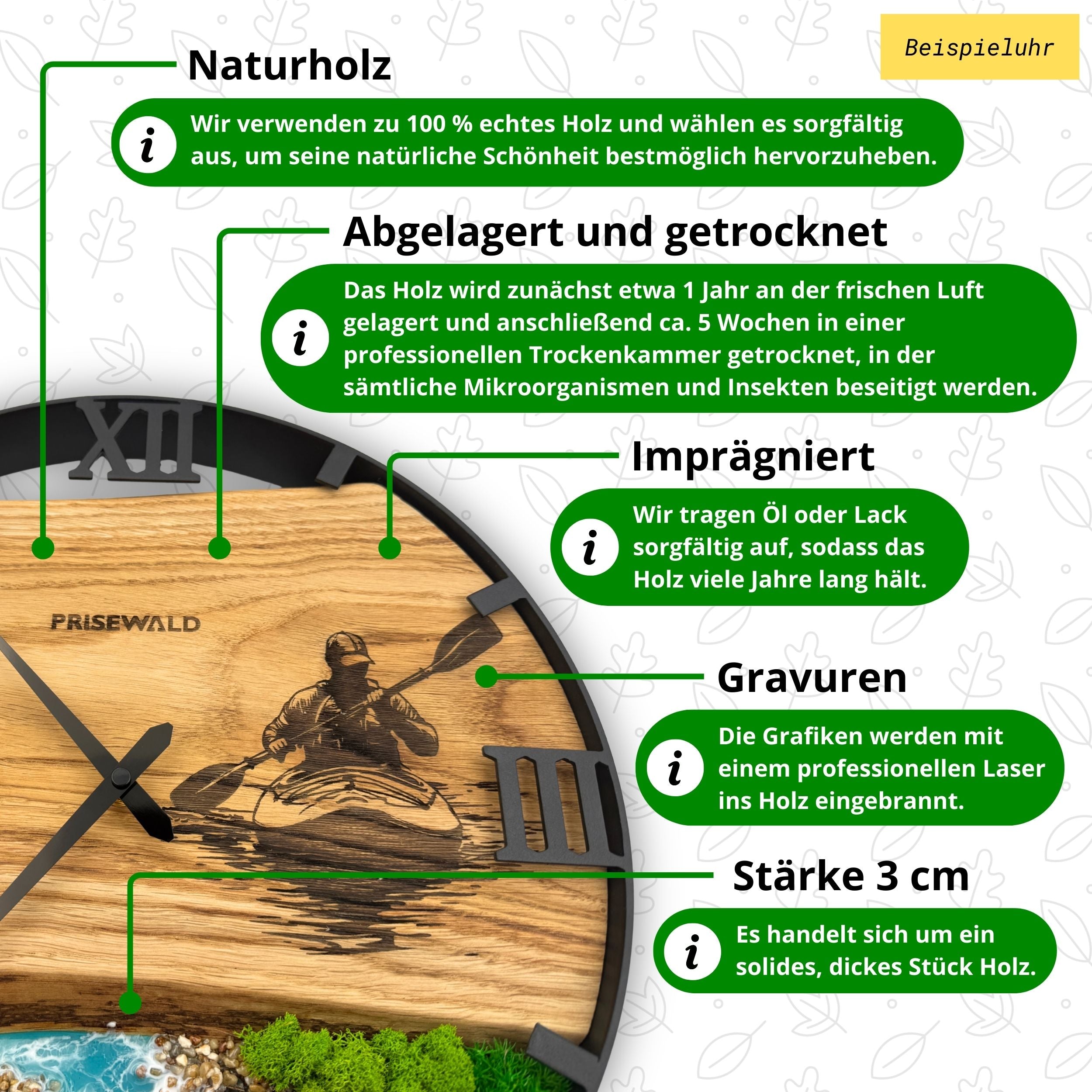 Runde Wanduhr aus Walnussholz, 35 cm, weisser Rahmen, arabische Ziffern, Pferd 🐎