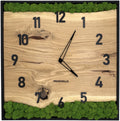 Quadratische Wanduhr aus Eichenholz, 50 cm, schwarzer Rahmen, arabische Ziffern, grünes Moos,