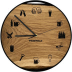Runde Wanduhr aus Eichenholz, 35 cm, schwarzer Rahmen, Sonderziffern Bier - PRISEWALD