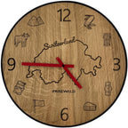 Runde Wanduhr aus Eichenholz, 35 cm, schwarzer Rahmen, arabische Ziffern, Karte der Schweiz - PRISEWALD