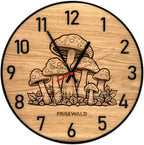 Runde Wanduhr aus Eichenholz, 35 cm, schwarzer Rahmen, arabische Ziffern, Pilze - PRISEWALD