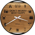 Runde Wanduhr aus Eichenholz, 50 cm, schwarzer Rahmen, Sonderziffern Bier - DON'T WORRY BEER HAPPY - PRISEWALD
