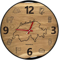 Runde Wanduhr aus Eichenholz, 50 cm, schwarzer Rahmen, arabische Ziffern, Karte der Schweiz - PRISEWALD