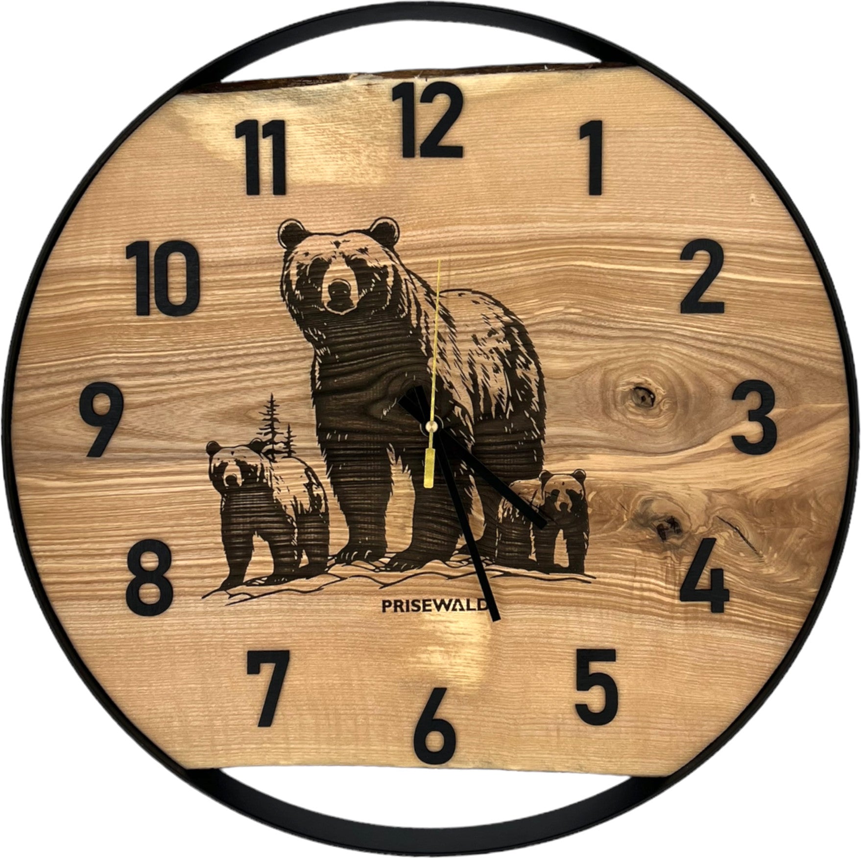 Runde Wanduhr aus Eschenholz, 50 cm, schwarzer Rahmen, arabische Ziffern, Drei Bären