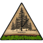 Dreieckige Wanduhr aus Eichenholz, 35 cm, schwarzer Rahmen, keine Ziffern, grünes Moos, Wald - PRISEWALD