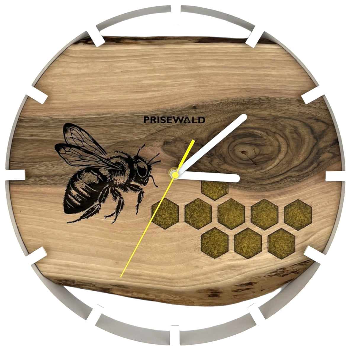 Runde Wanduhr aus Walnussholz, 35 cm, weisser Rahmen, Teilstriche Ziffern, goldenes Epoxidharz, Biene und Honigwabe