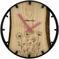 Runde Wanduhr aus Eschenholz, 35 cm, schwarzer Rahmen, Teilstriche Ziffern, Blumen - PRISEWALD