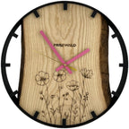 Runde Wanduhr aus Eschenholz, 35 cm, schwarzer Rahmen, Teilstriche Ziffern, Blumen - PRISEWALD