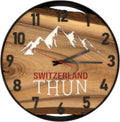 Runde Wanduhr aus Walnussholz, 35 cm, schwarzer Rahmen, arabische Ziffern, Verschneite Berge, SWITZERLAND, THUN - PRISEWALD