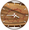 Runde Wanduhr aus Walnussholz, 35 cm, weisser Rahmen, Teilstriche Ziffern, Verschneite Berge, SWITZERLAND - PRISEWALD