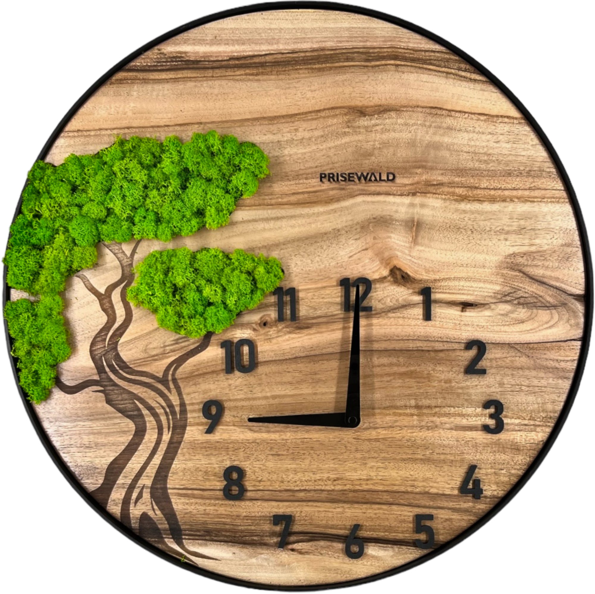 Runde Wanduhr aus Walnussholz, 50 cm, schwarzer Rahmen, arabische Ziffern, Baumgravur mit Moos - PRISEWALD