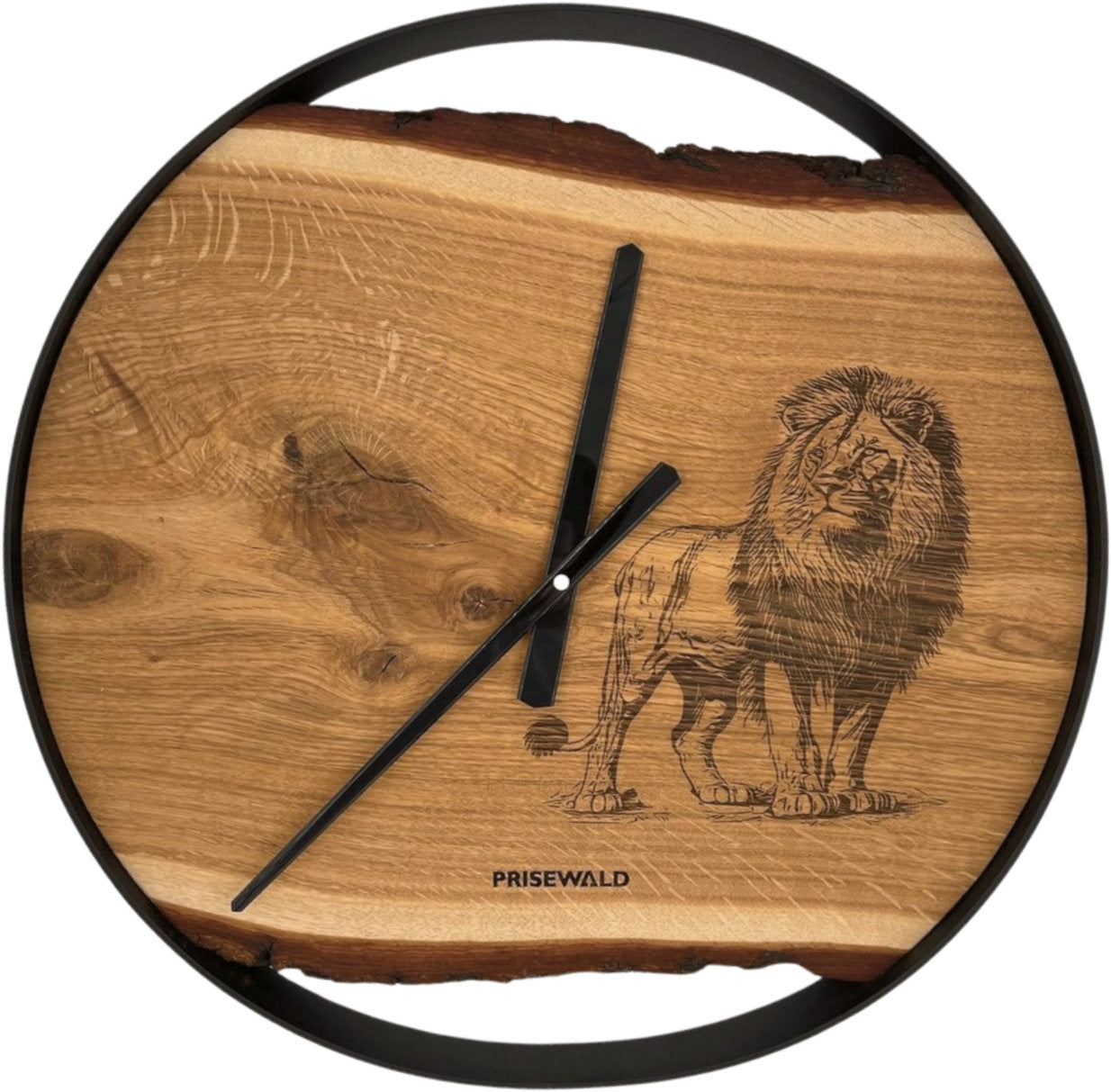 Runde Wanduhr aus Eichenholz, 50 cm, schwarzer Rahmen, keine Ziffern, Löwe - PRISEWALD