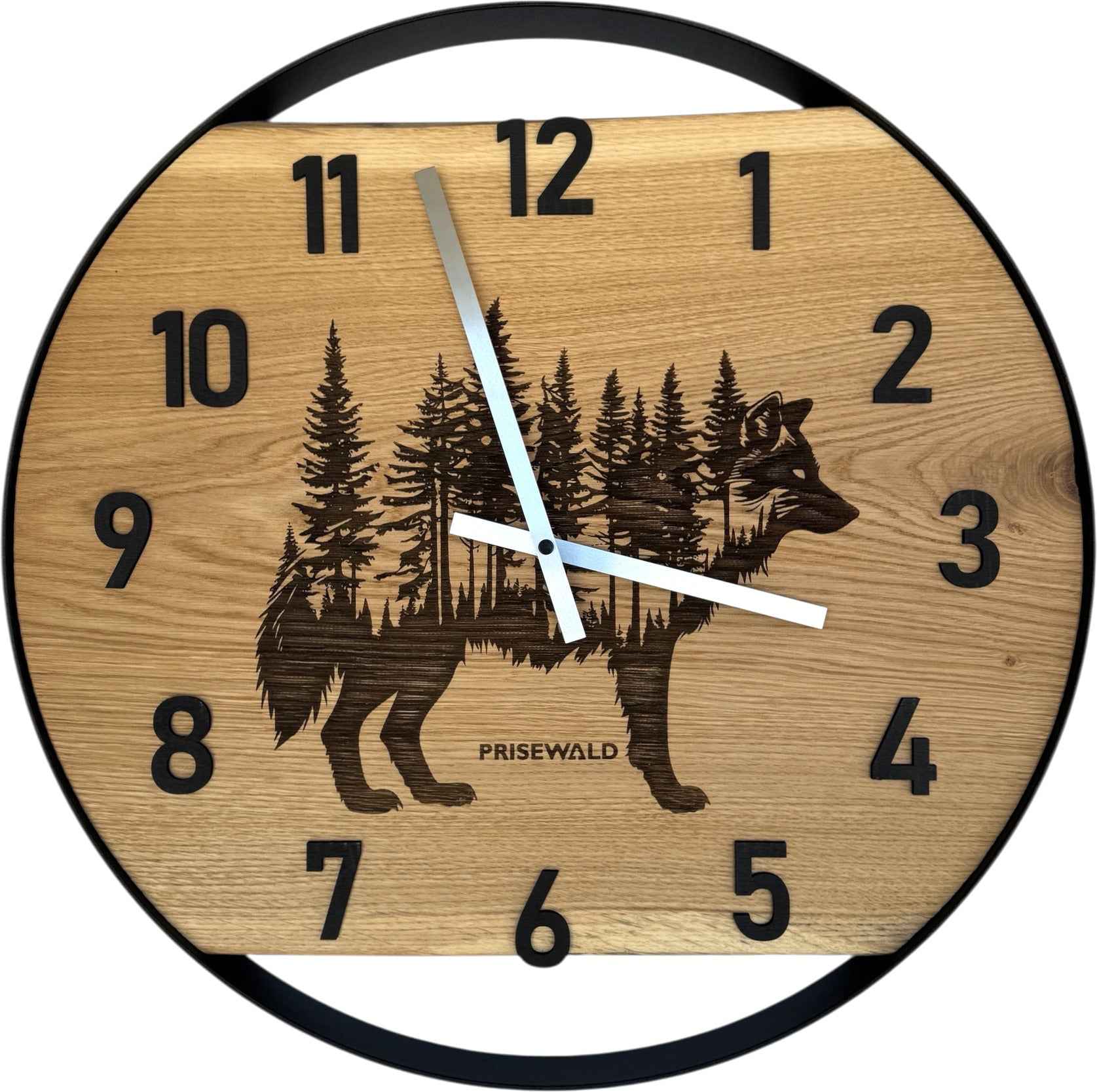 Runde Wanduhr aus Eichenholz, 50 cm, schwarzer Rahmen, arabische Ziffern, Wolf im Wald