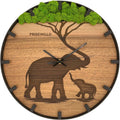 Runde Wanduhr aus Walnussholz, 35 cm, schwarzer Rahmen, Teilstriche Ziffern, grünes Moos, Elefanten, Baum - PRISEWALD