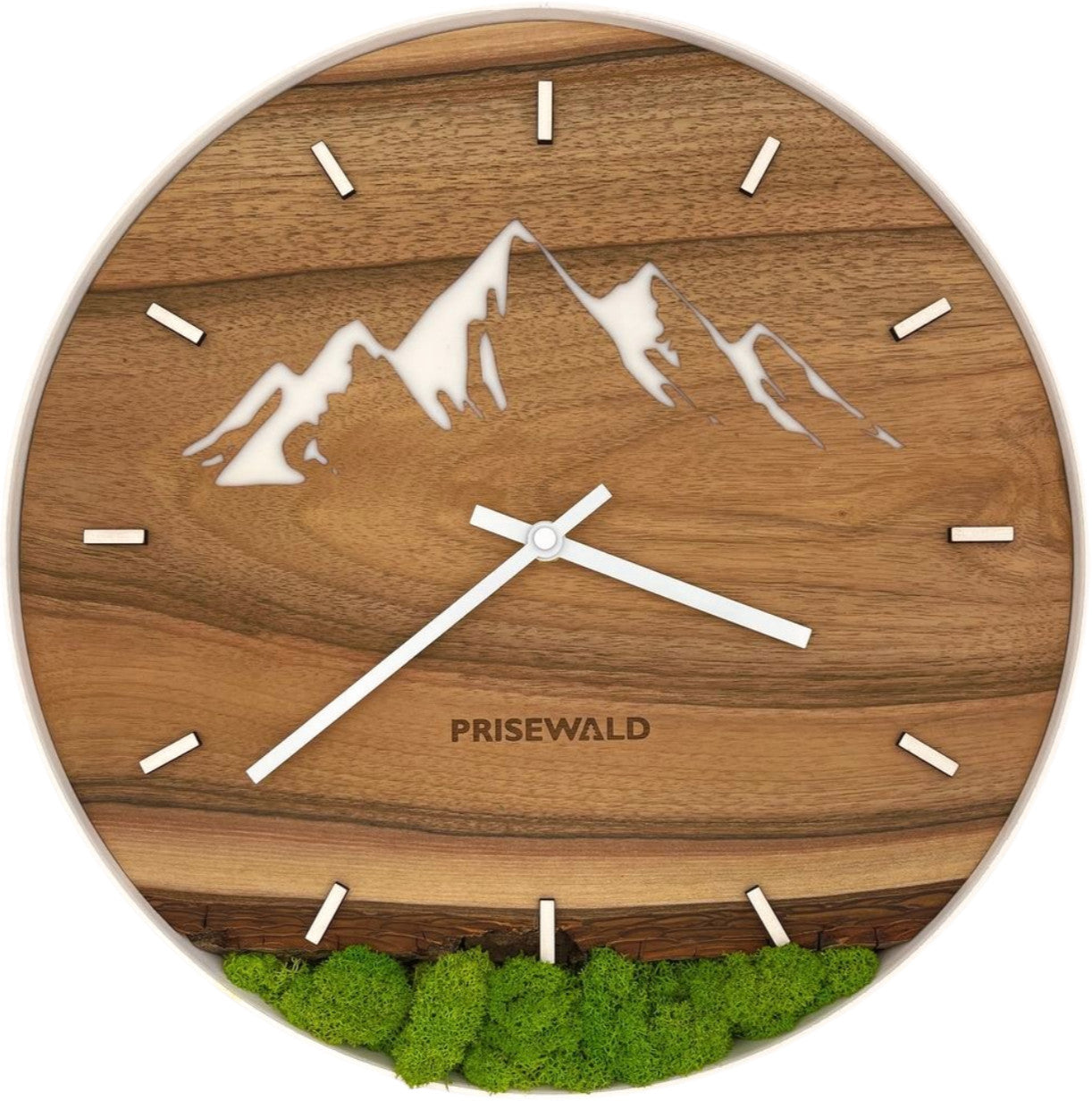 Runde Wanduhr aus Walnussholz, 35 cm, weisser Rahmen, Teilstriche Ziffern, Verschneite Berge, grünes Moos - PRISEWALD