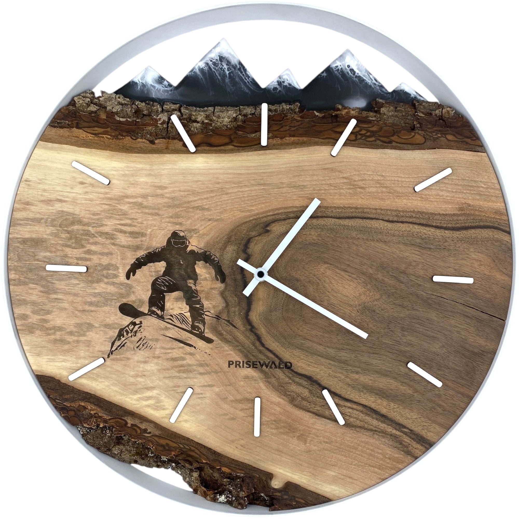 Runde Wanduhr aus Walnussholz, 50 cm, weisser Rahmen, schwarzes Epoxidharz, Snowboardfahrer, Schneebedeckte Berge im Hintergrund - PRISEWALD