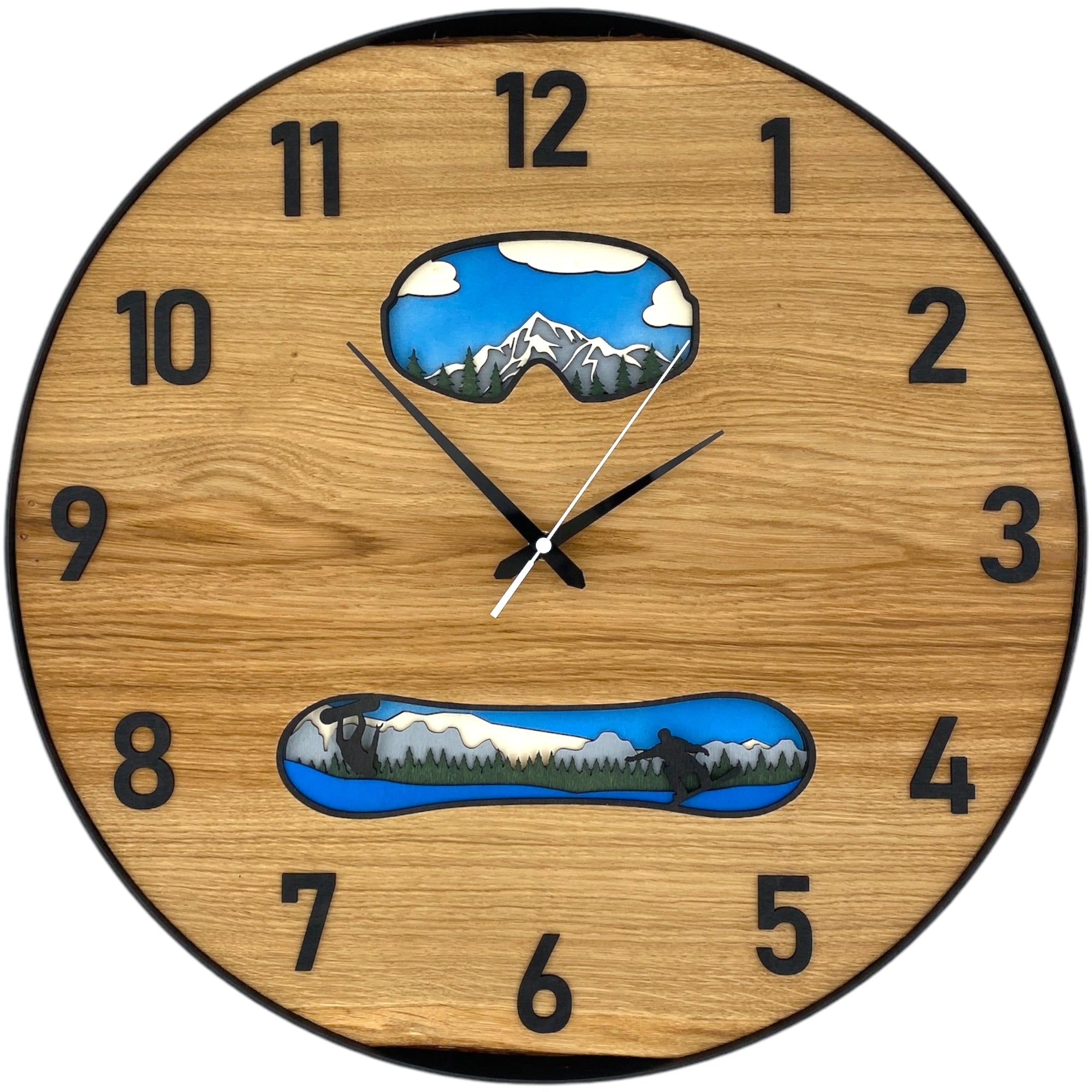 Runde Wanduhr aus Eichenholz, 50 cm, schwarzer Rahmen, arabische Ziffern, Google, Swnoboard, Snowboarder, 3D - PRISEWALD