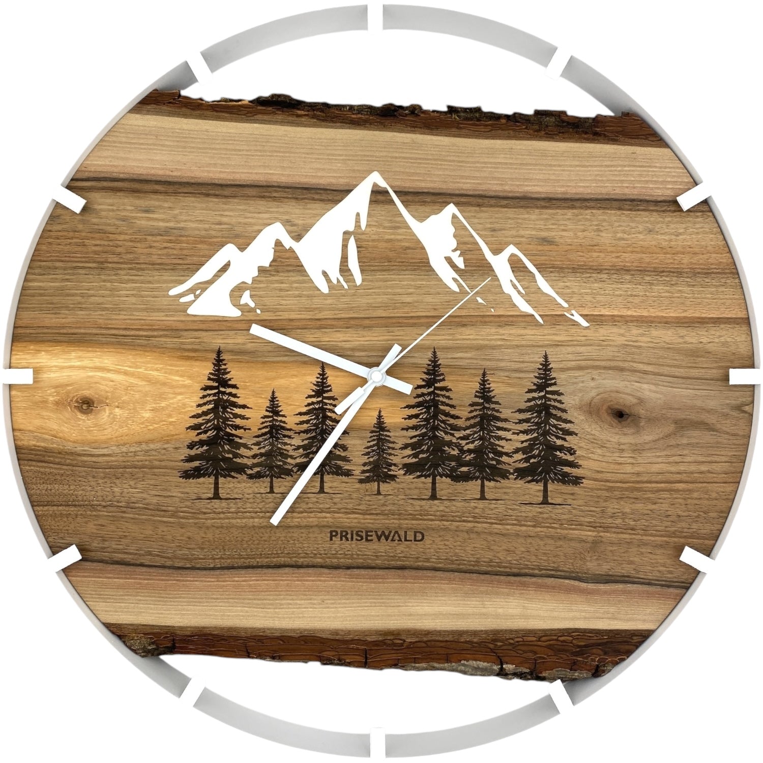 Runde Wanduhr aus Walnussholz, 50 cm, weisser Rahmen, Teilstriche Ziffern, Verschneite Berge, Tannenbäume - PRISEWALD