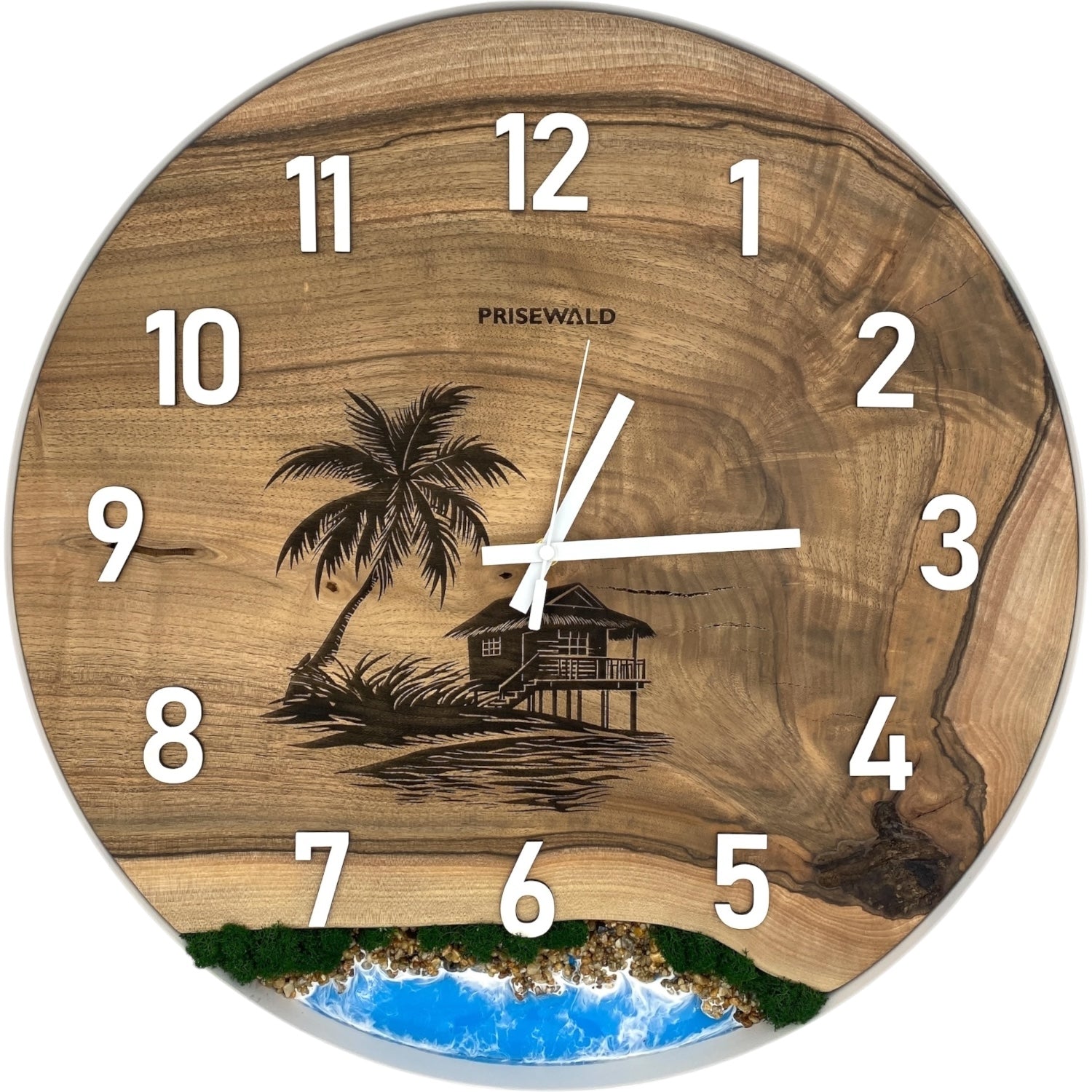 Runde Wanduhr aus Walnussholz, 50 cm, weisser Rahmen, weisse arabische Ziffern, blaues Epoxidharz, grünes Moos, Küste - PRISEWALD