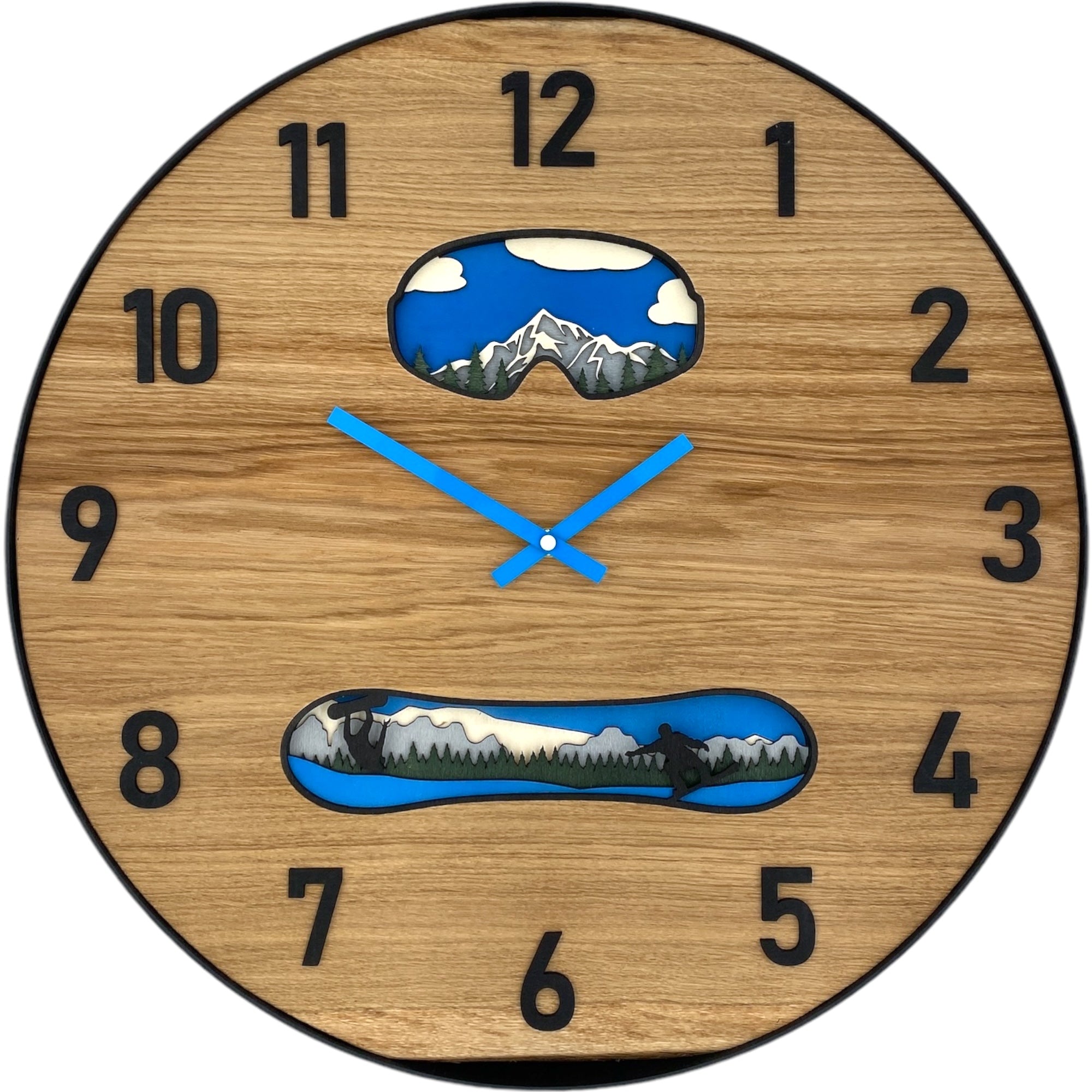 Runde Wanduhr aus Eichenholz, 50 cm, schwarzer Rahmen, arabische Ziffern, Google, Swnoboard, Snowboarder, 3D