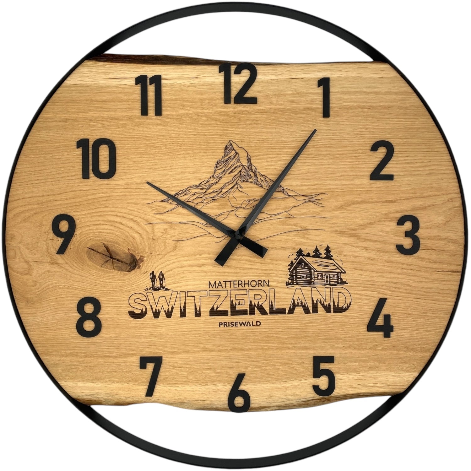 Runde Wanduhr aus Eichenholz, 70 cm, schwarzer Rahmen, arabische Ziffern, Matterhor, Switzerland - PRISEWALD