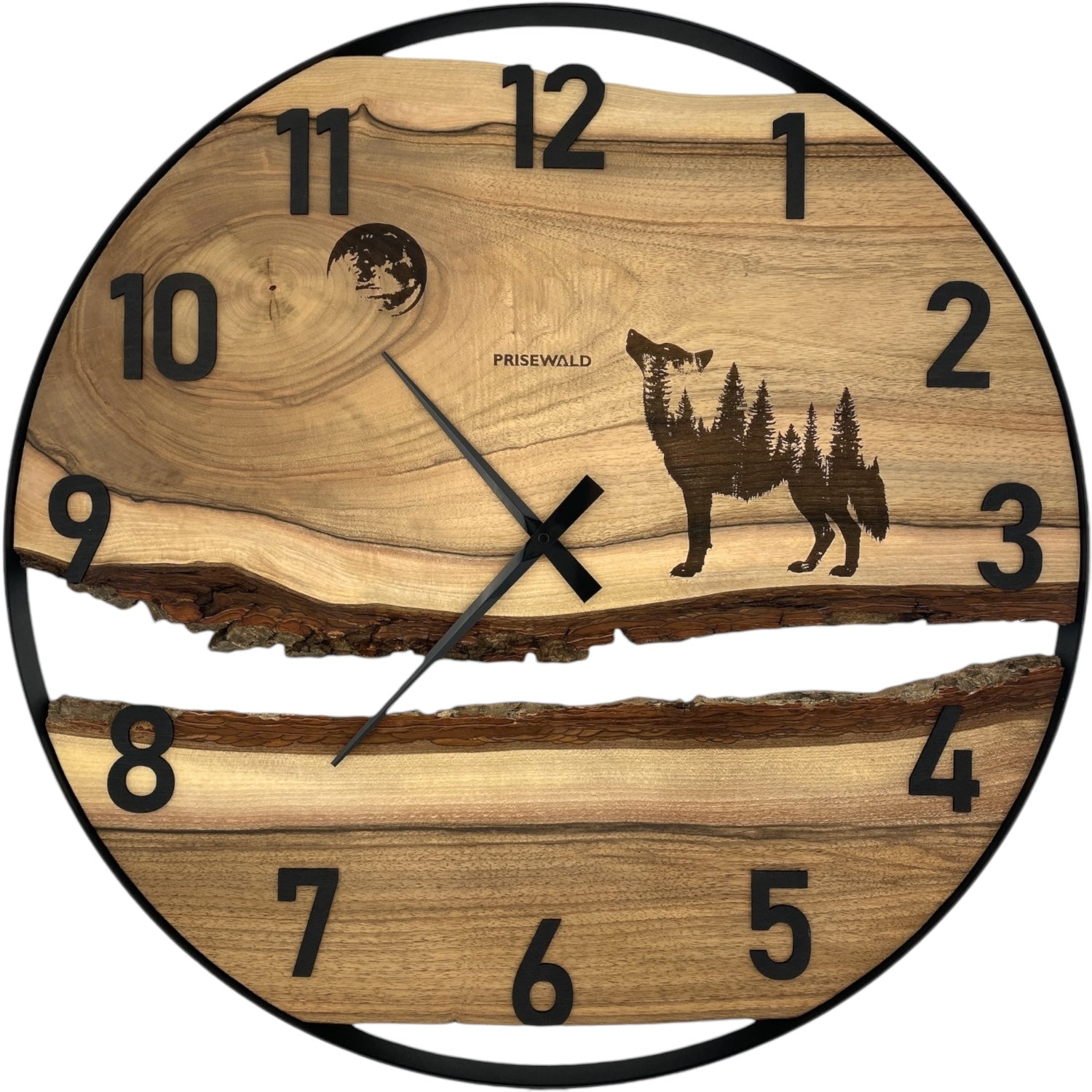 Runde Wanduhr aus Walnussholz, 70 cm, schwarzer Rahmen, arabische Ziffern, Der Wolf heult den Mond an - PRISEWALD