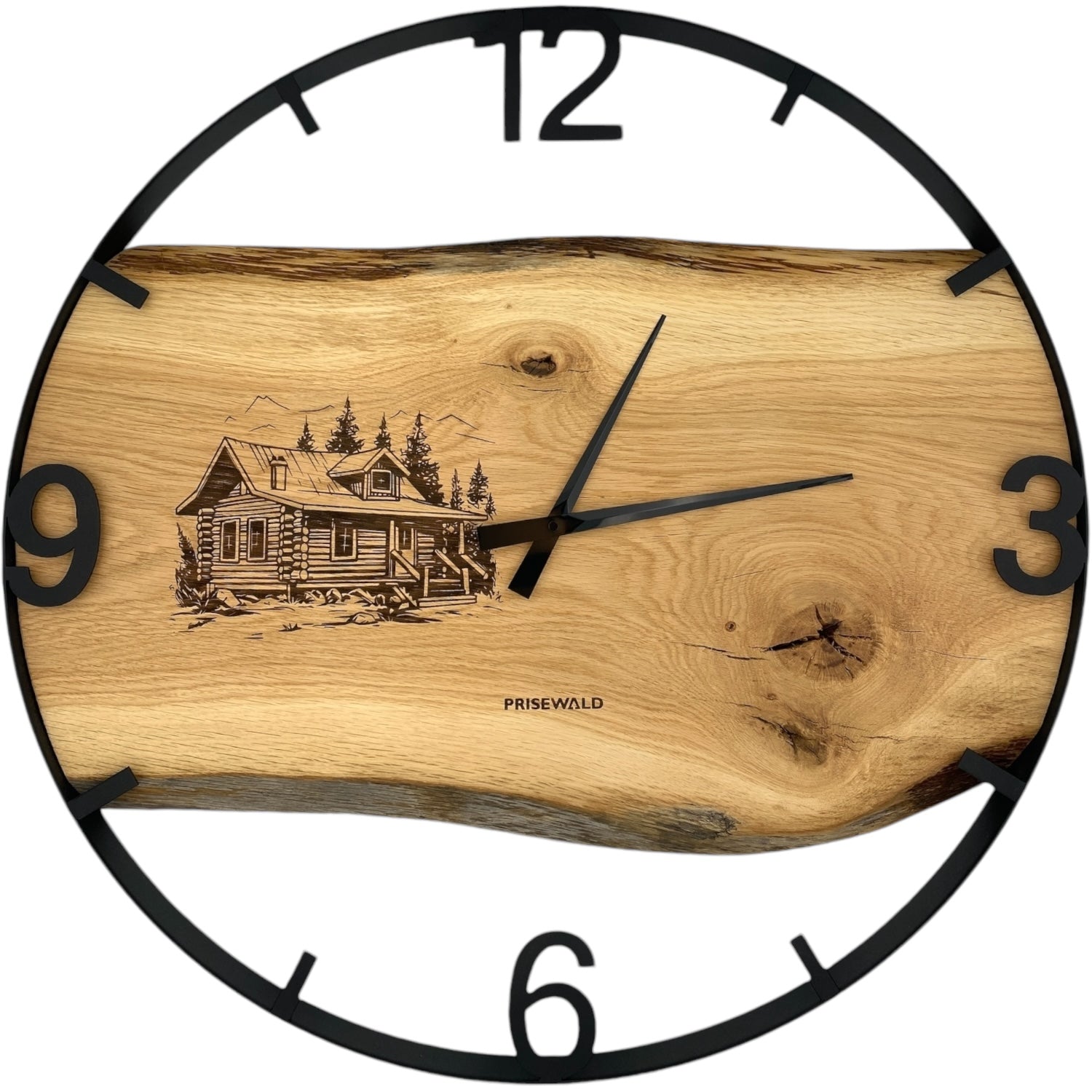 Runde Wanduhr aus Eichenholz, 70 cm, schwarzer Rahmen, arabische Ziffern, Schweizer Holzhaus - PRISEWALD