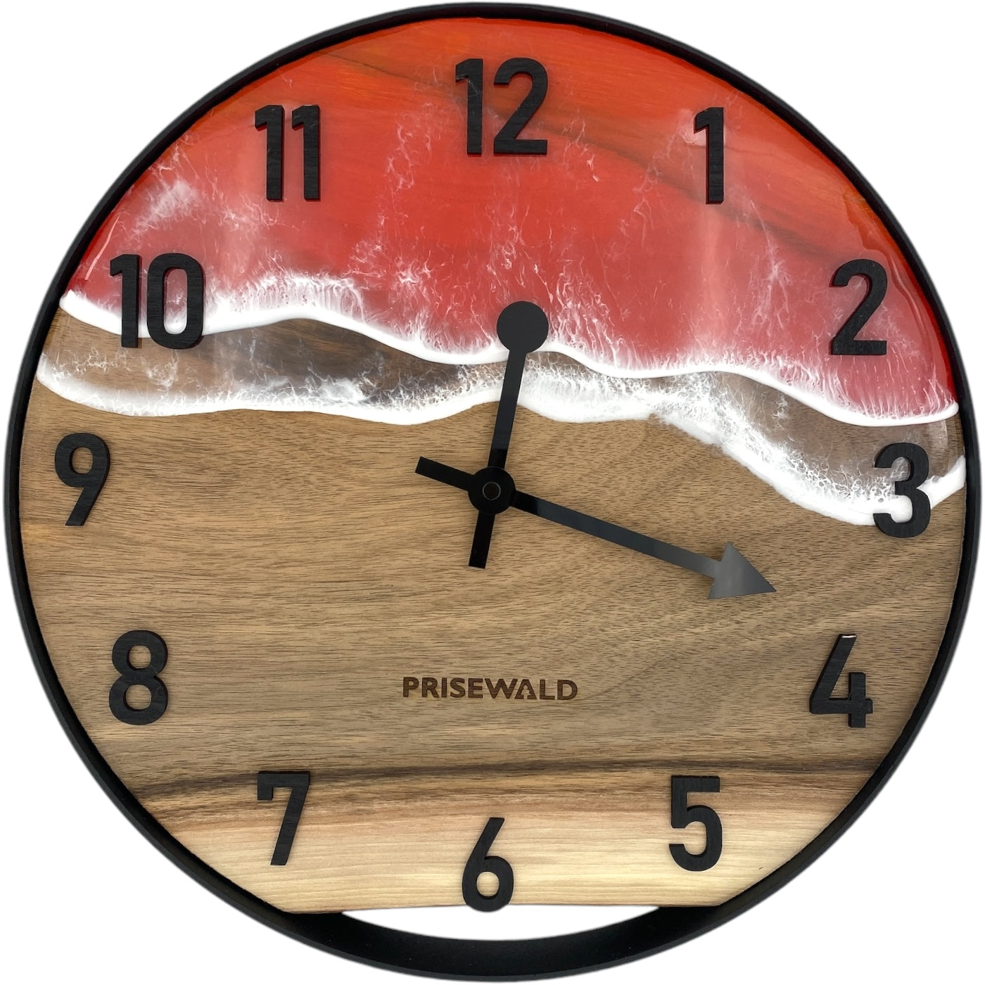 Runde Wanduhr aus Walnussholz, 35 cm, schwarzer Rahmen, arabische Ziffern, Rotes Epoxidharz - PRISEWALD