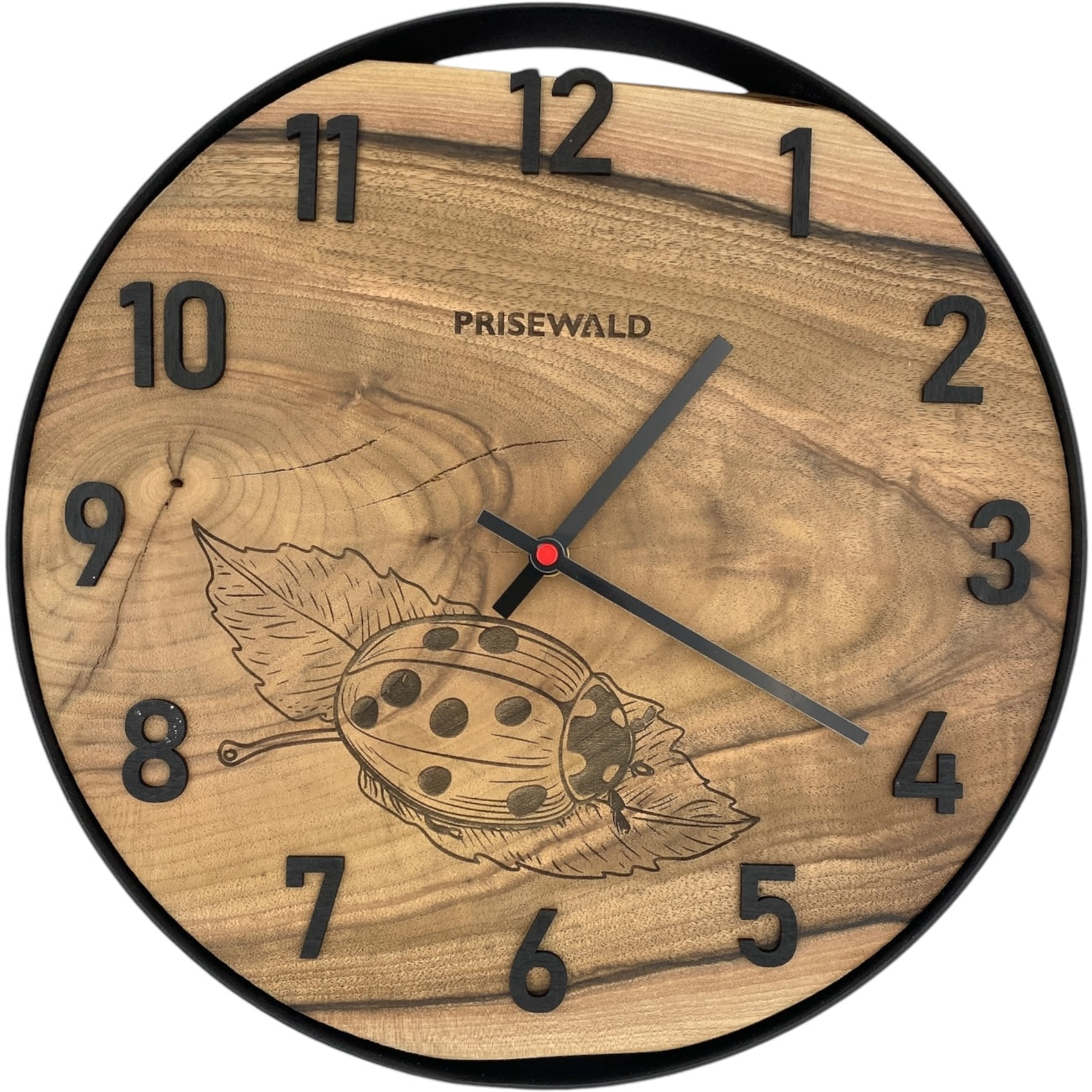 Runde Wanduhr aus Walnussholz, 35 cm, schwarzer Rahmen, arabische Ziffern, Marienkäfer auf einem Blatt - PRISEWALD