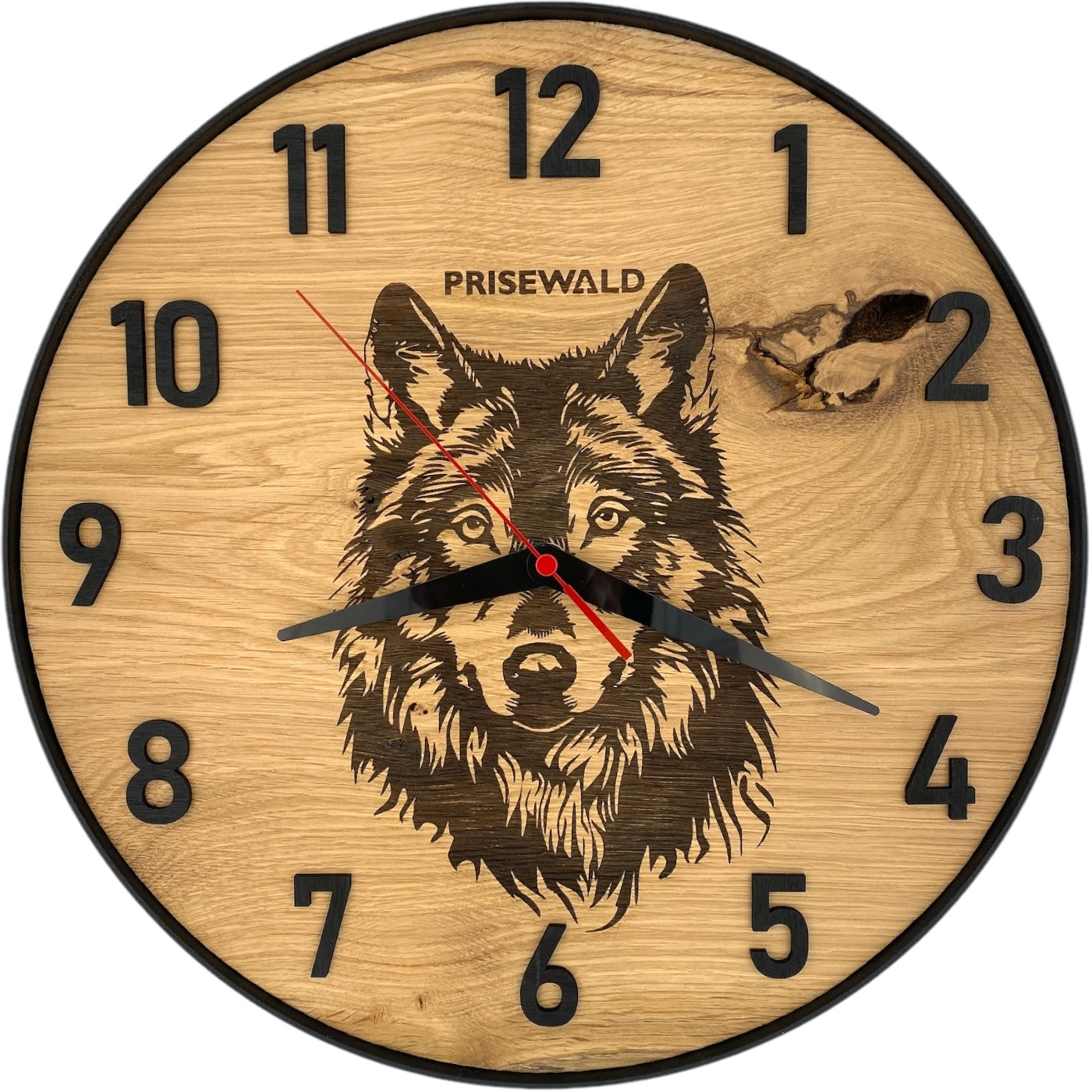 Runde Wanduhr aus Eichenholz, 35 cm, schwarzer Rahmen, arabische Ziffern, Wolf - PRISEWALD