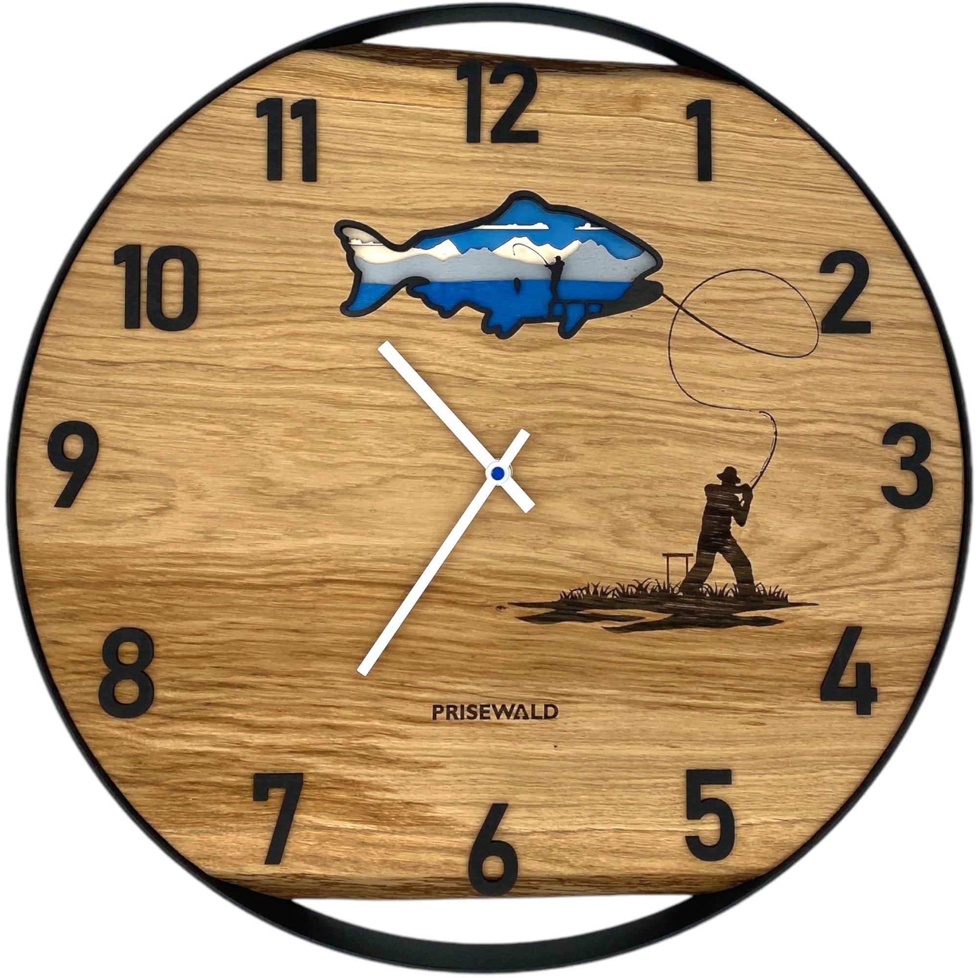 Runde Wanduhr aus Eichenholz, 50 cm, schwarzer Rahmen, arabische Ziffern, Fischer mit Fisch 3D - PRISEWALD