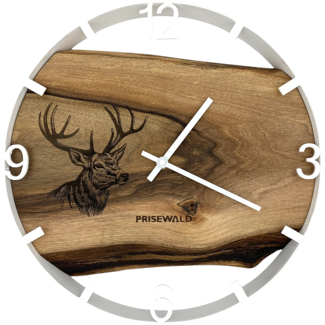 Runde Wanduhr aus Walnussholz, 35 cm, weisser Rahmen, arabische Ziffern, Hirschkopf - PRISEWALD