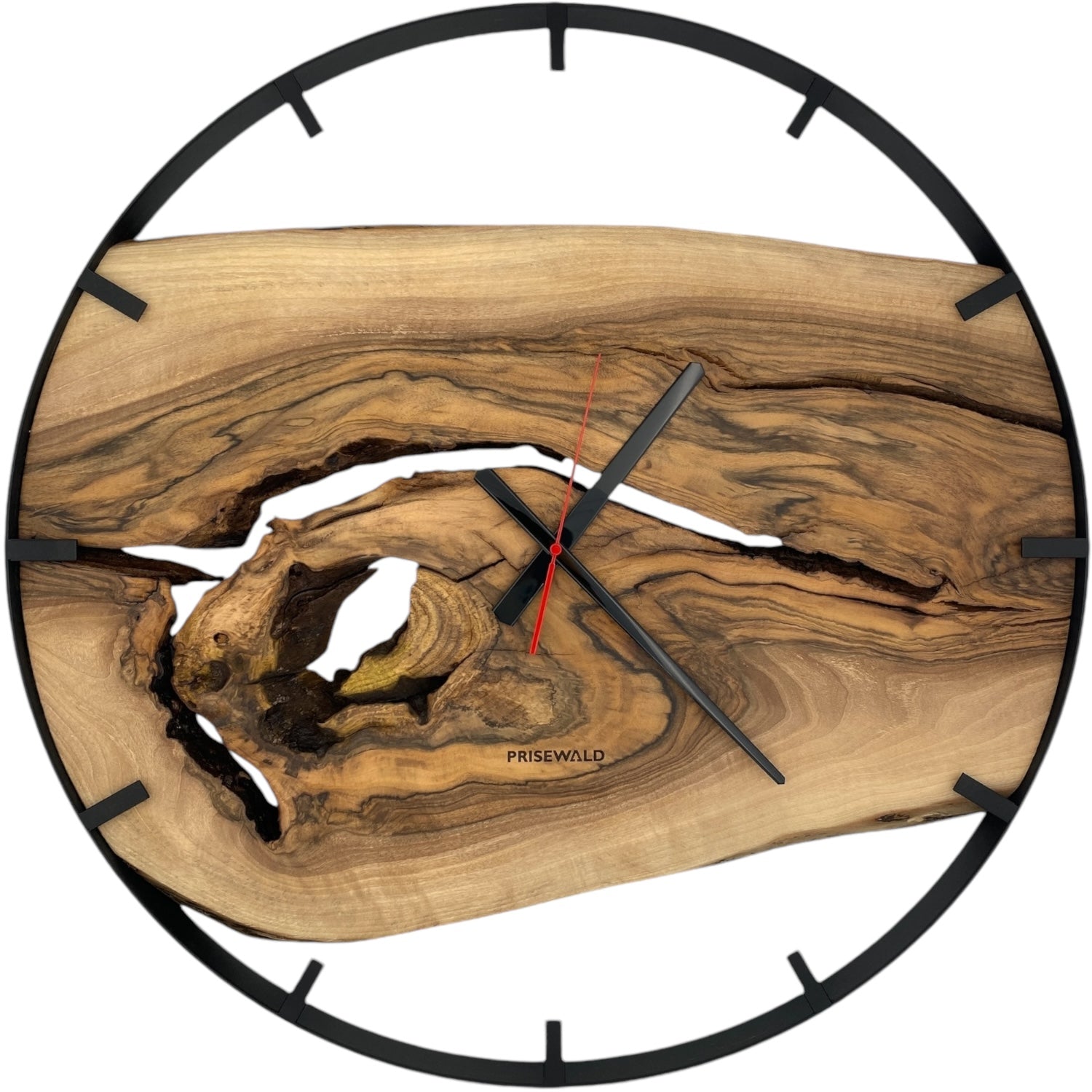 Runde Wanduhr aus Walnussholz, 70 cm, schwarzer Rahmen, Teilstriche Ziffern